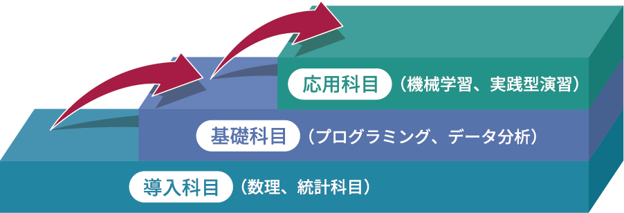 導入科目（数理・統計）、基礎科目（プログラミング、データ分析）、応用科目（機械学習によるデータ分析を通じた課題解決）による体系的なカリキュラムを展開しています。